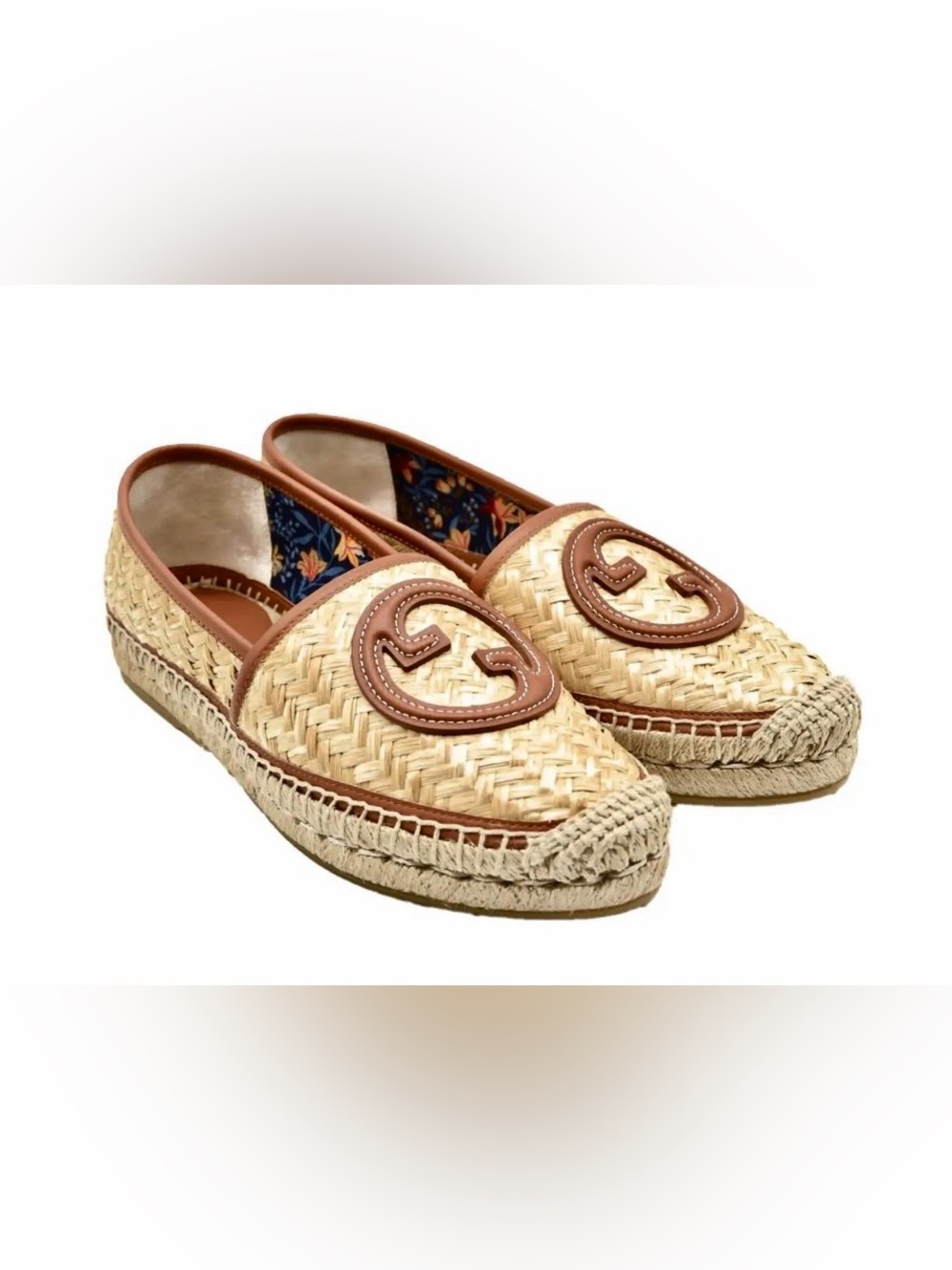 GUCCI Women's Size 35.5 Adela GG Raffia Espadrilles Brown Leather Logo